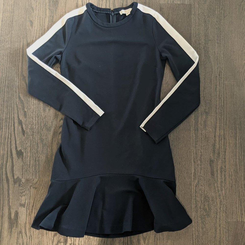 Michael Kors Navy Long Sleeve Dress with White Stripe and Ruffle